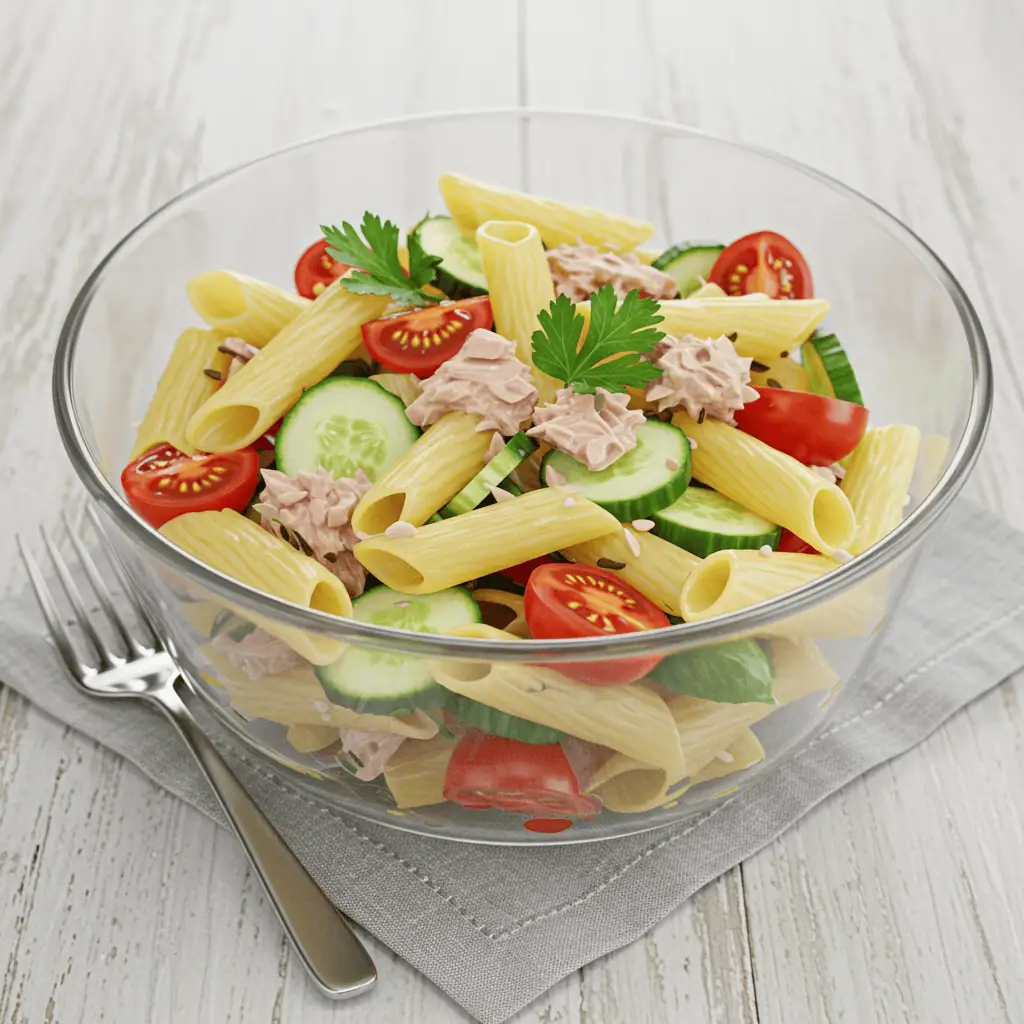 Healthy pasta salad with tuna, cucumbers, and tomatoes