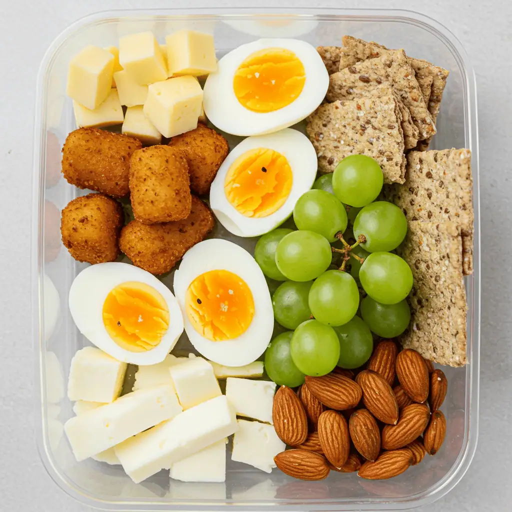 high protein snack box with mozzarella cheese stick and healthy sides