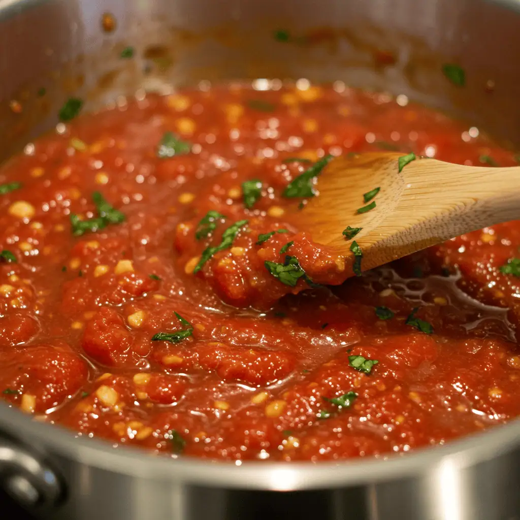 homemade marinara sauce for mozzarella sticks being cooked