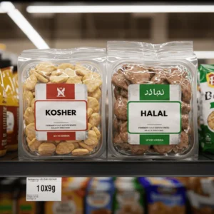 Kosher and halal food labels on grocery store shelves