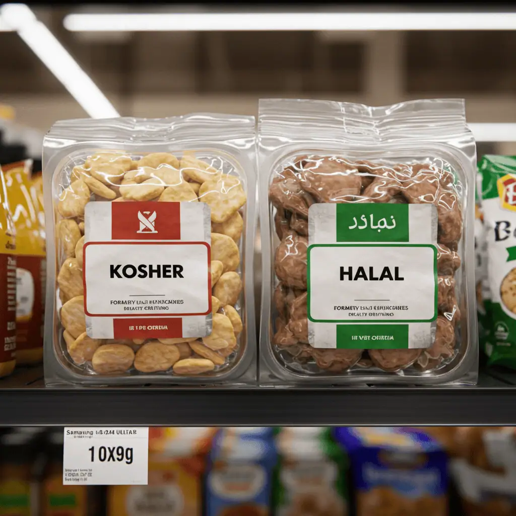 Kosher and halal food labels on grocery store shelves