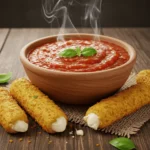 marinara sauce for mozzarella sticks in a bowl with dipping cheese sticks