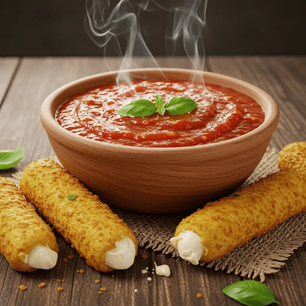 marinara sauce for mozzarella sticks in a bowl with dipping cheese sticks