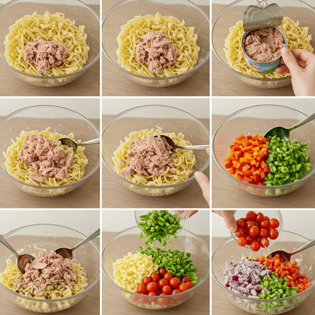 Mixing healthy pasta salad with tuna and vegetables