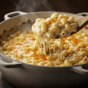 One-Pot Halal Mac & Cheese close-up in rustic pot