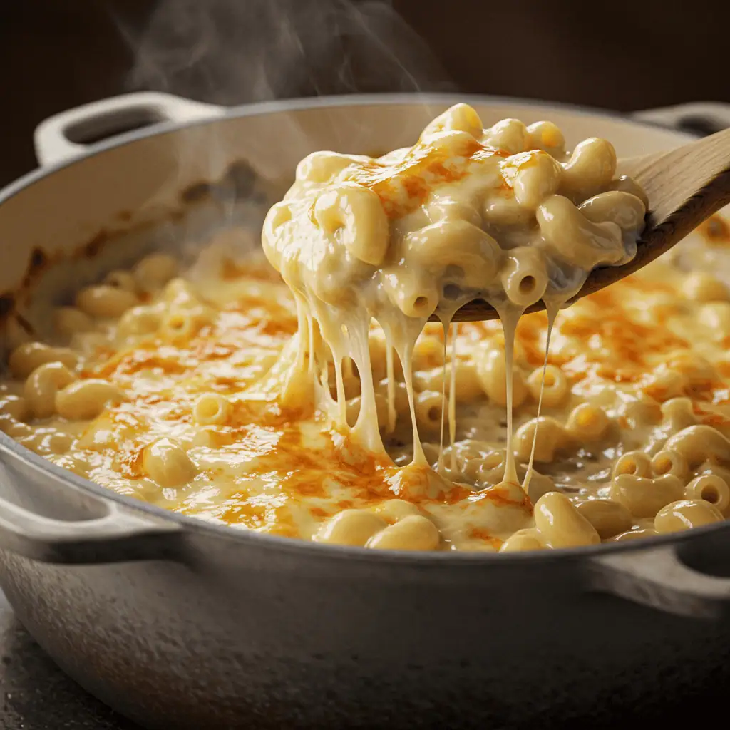 One-Pot Halal Mac & Cheese close-up in rustic pot