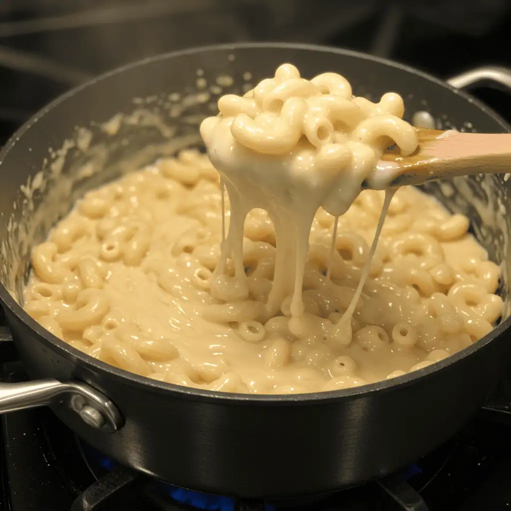 One-pot halal mac and cheese simmering on stove
