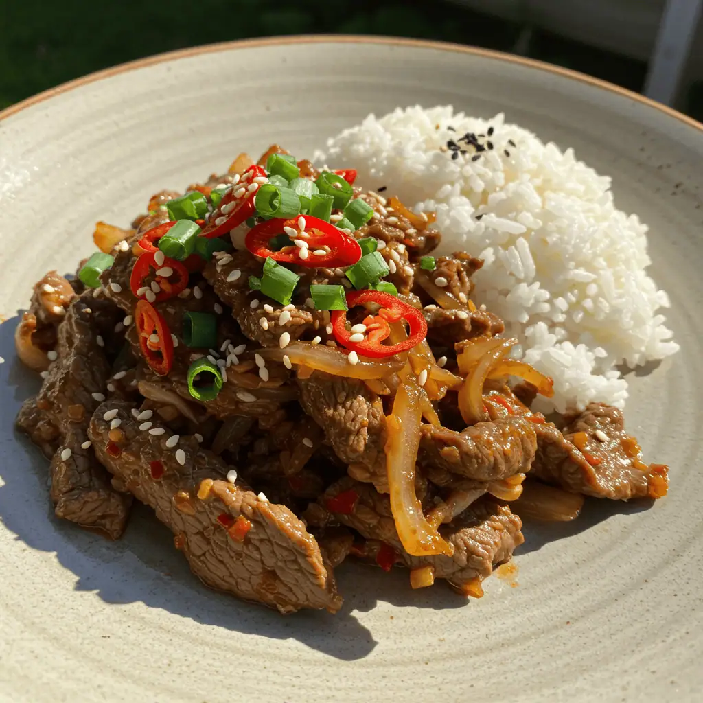 Plated spicy halal beef stir-fry with jasmine rice