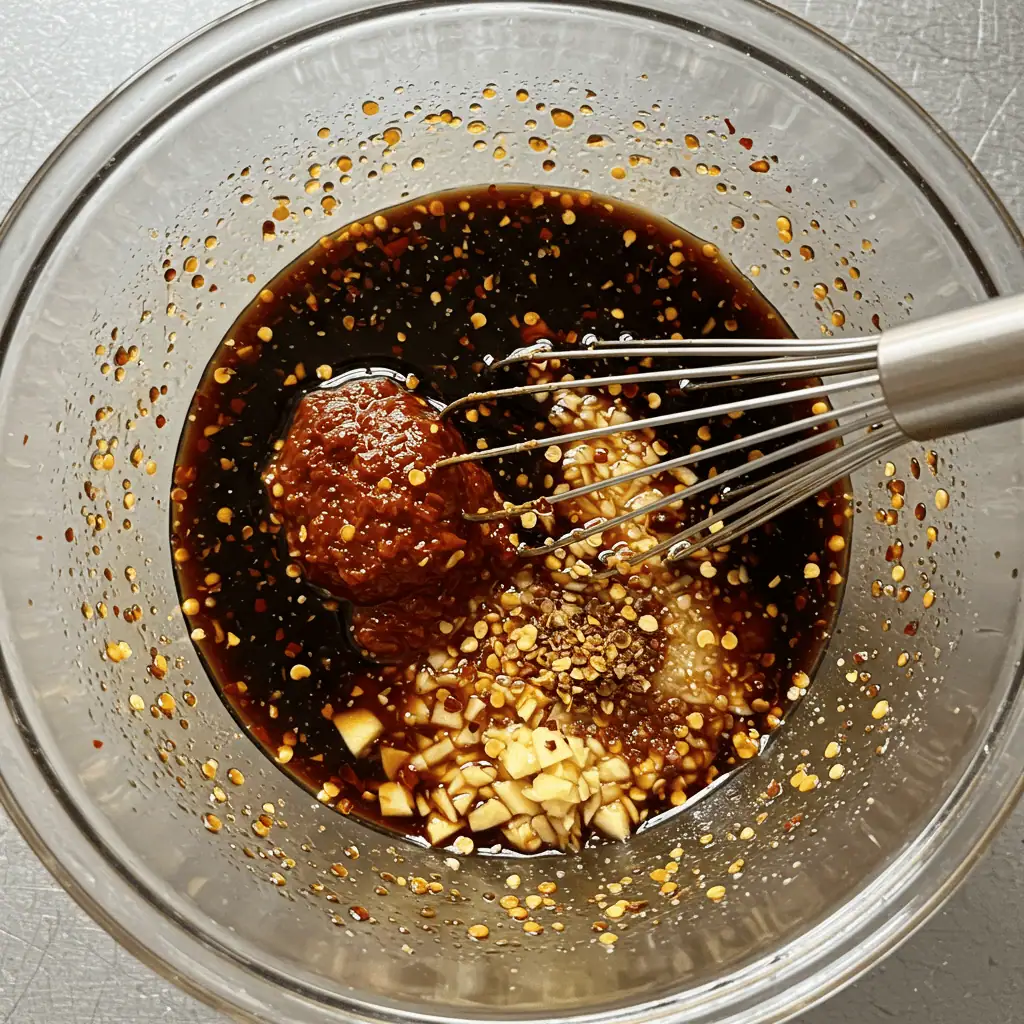 Bowl of spicy marinade for halal beef stir-fry