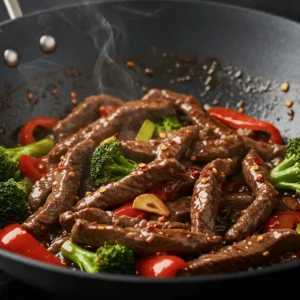 Spicy Halal Beef Stir-Fry sizzling in a wok with vegetables