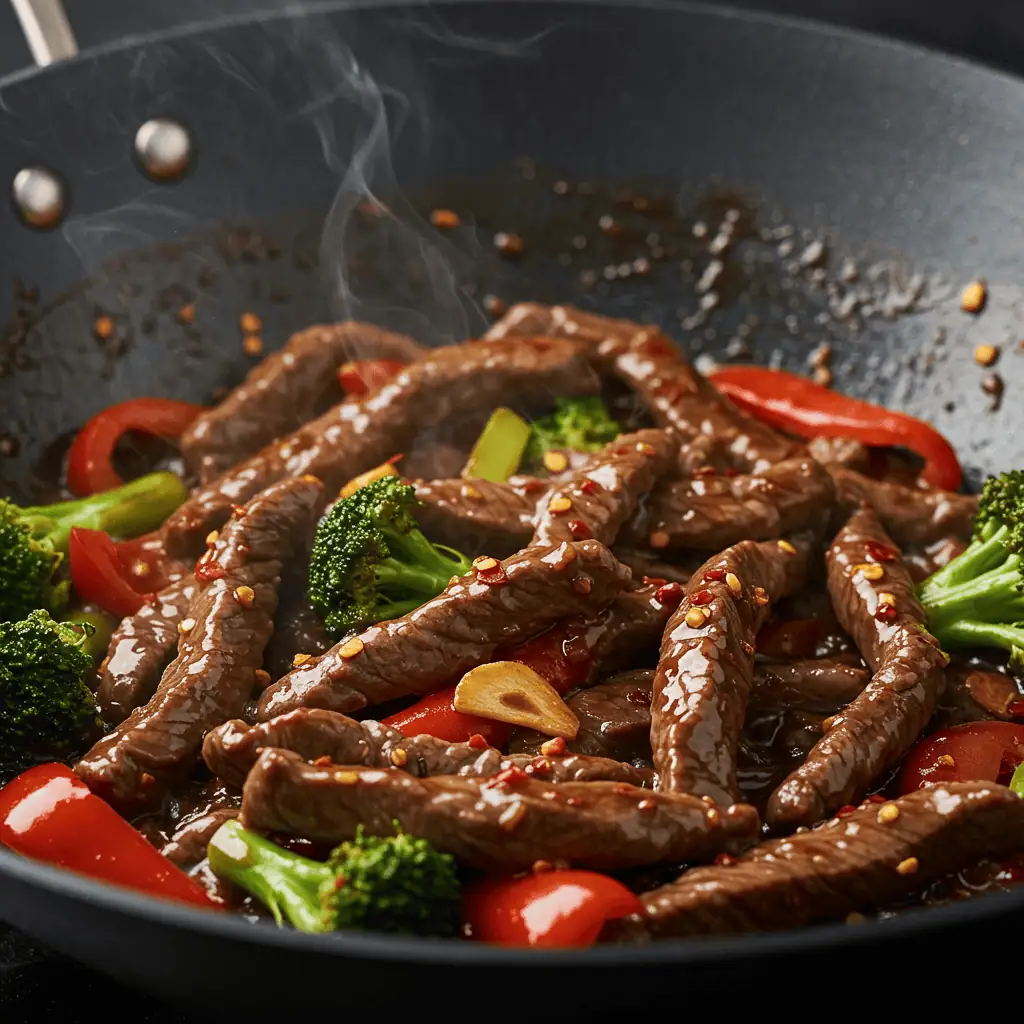 Spicy Halal Beef Stir-Fry sizzling in a wok with vegetables