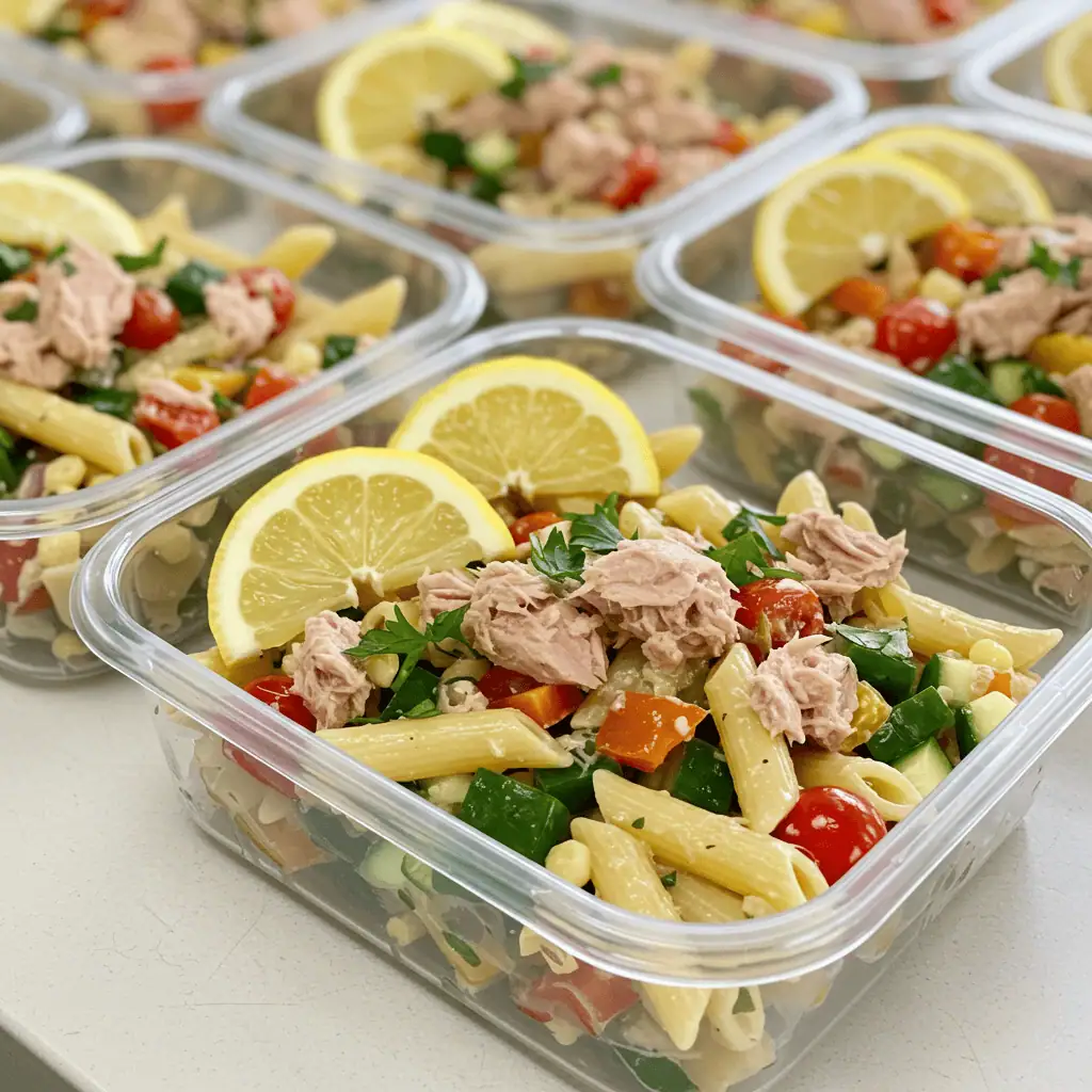 Meal prep containers with healthy pasta salad with tuna