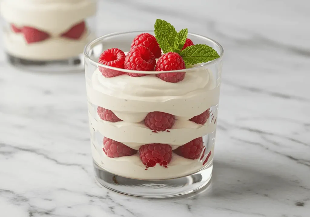 White chocolate mousse in a glass topped with raspberries and mint.