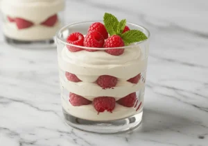 White chocolate mousse in a glass topped with raspberries and mint.
