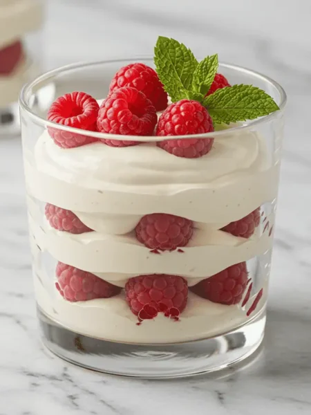 White chocolate mousse in a glass topped with raspberries and mint.