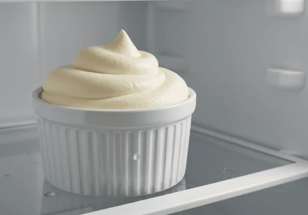White chocolate mousse chilling inside a fridge.