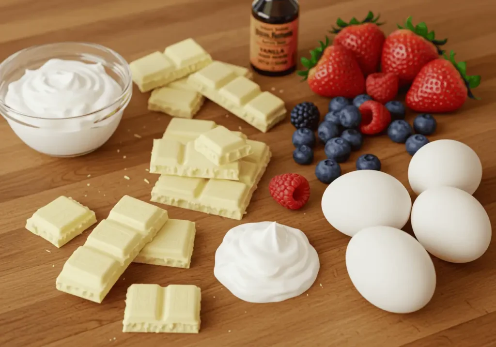 Ingredients for white chocolate mousse laid out neatly.
