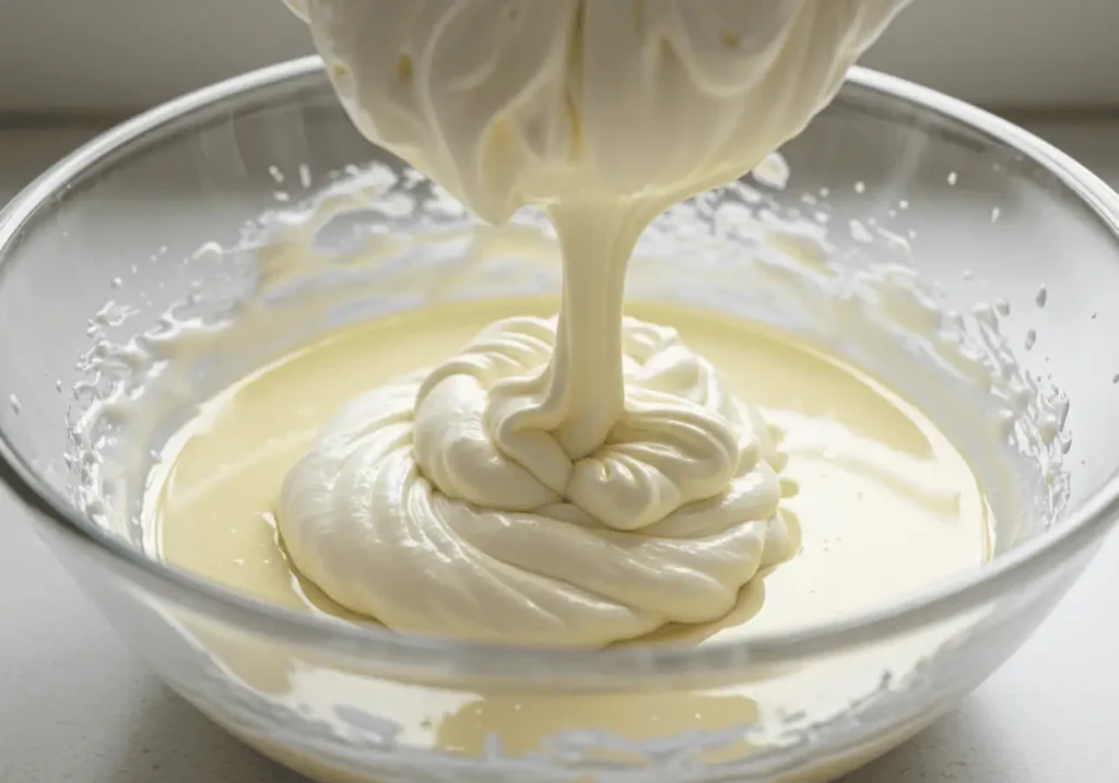 Folding whipped cream into white chocolate with a spatula.