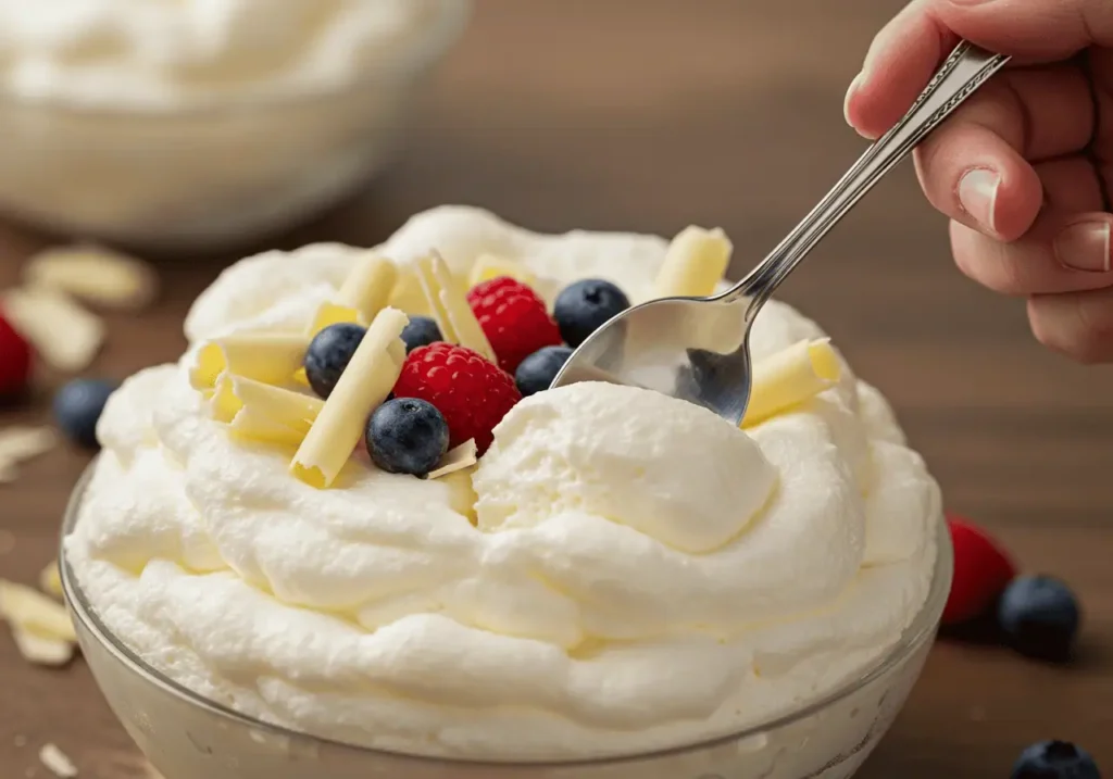 Serving white chocolate mousse with spoon and garnish.
