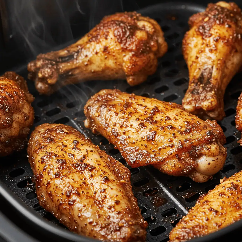 Chicken wings crisping in air fryer with dry rub