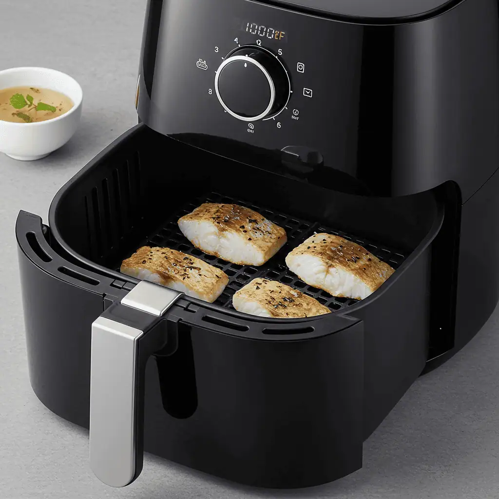 Air fryer with fish fillets cooking at 400°F