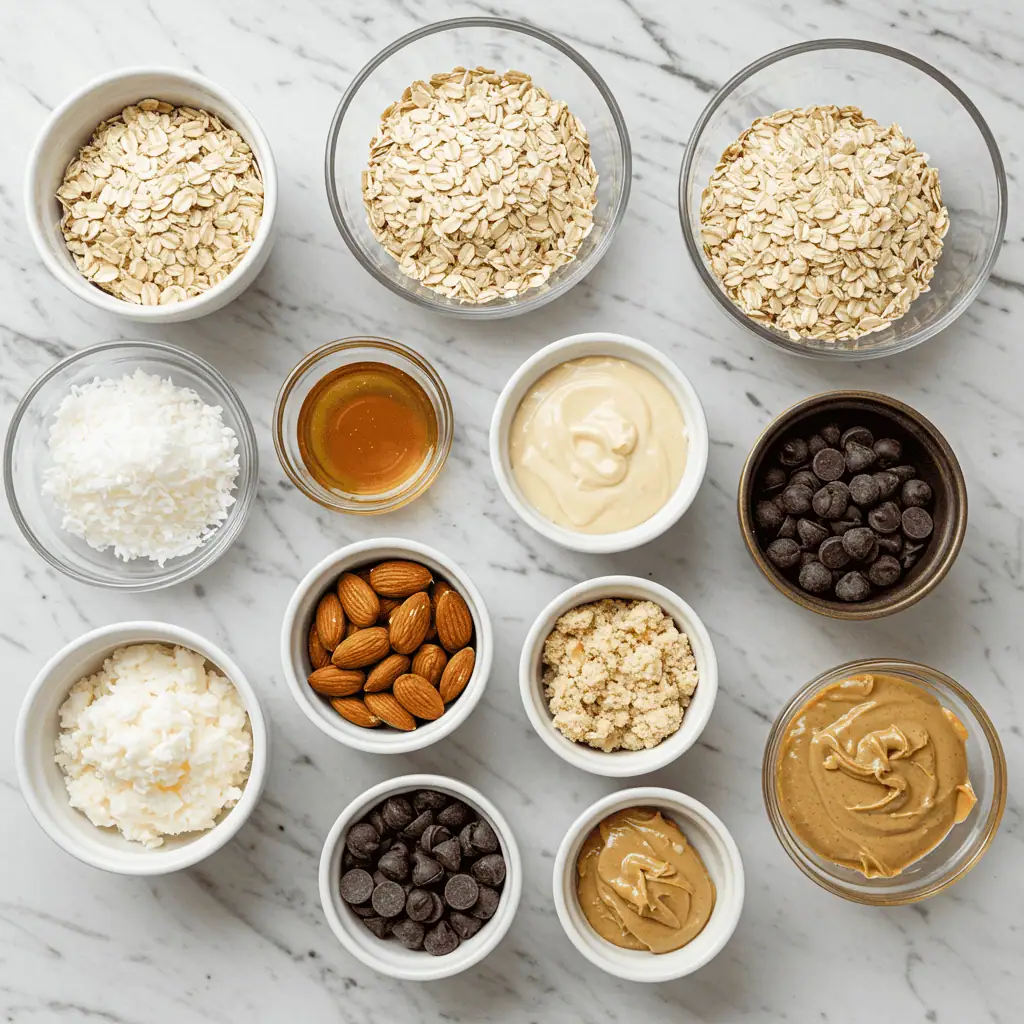 Almond Joy protein bar ingredients including coconut, oats, and chocolate