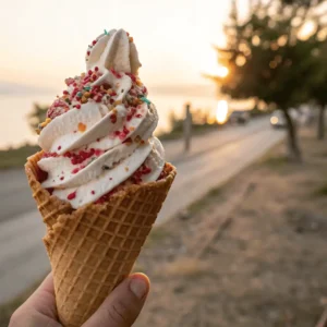 Always ice cream in waffle cone with sprinkles