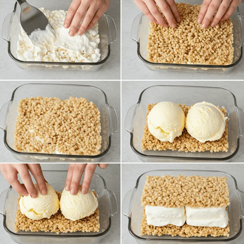 assembling rice krispies and ice cream dessert
