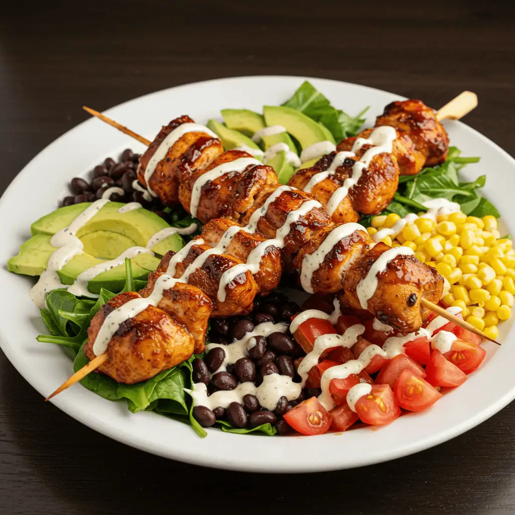 Assembled BBQ Chicken Skewer Salad ready to serve