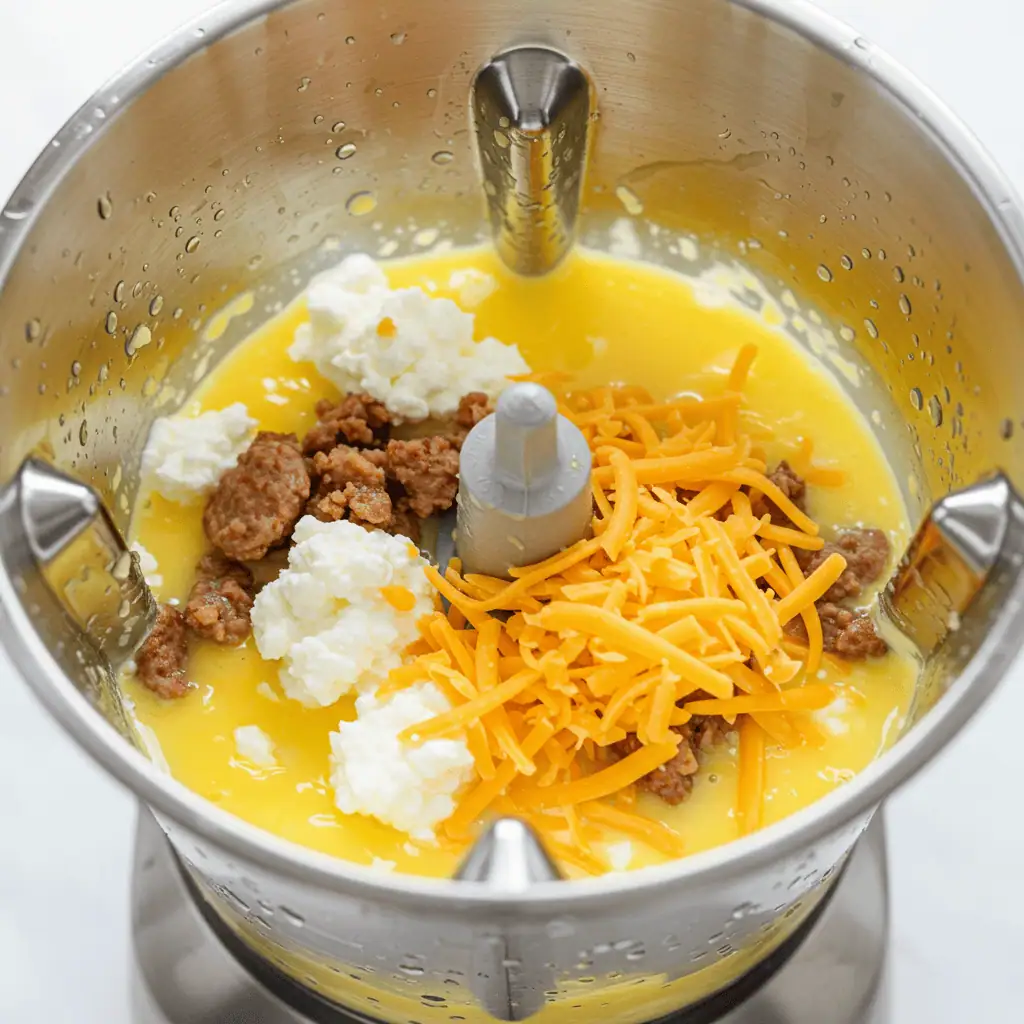 Blending cottage cheese, eggs, and sausage for fluffy egg bite recipe