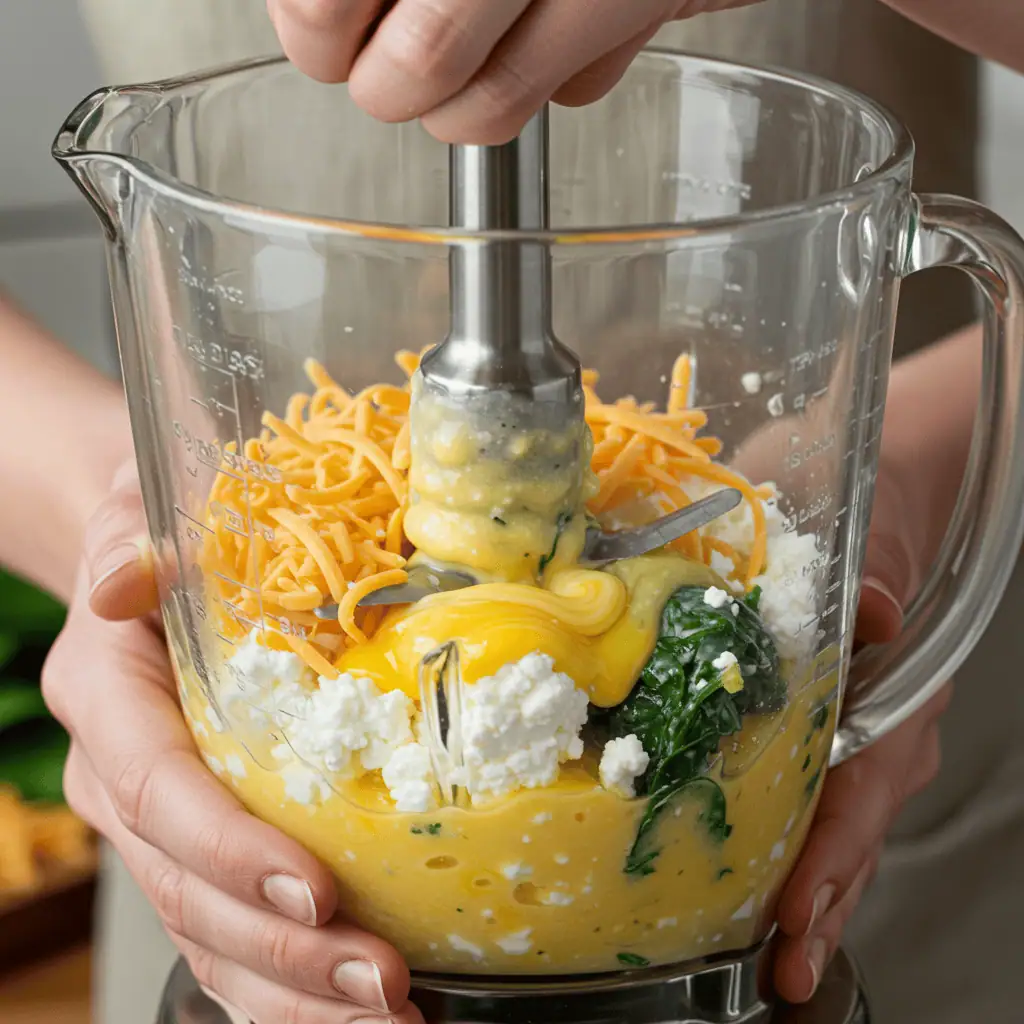 Blending eggs with cottage cheese and spinach for creamy egg bites