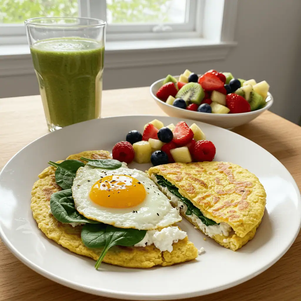 egg spinach tortilla wrap served with fruit and smoothie