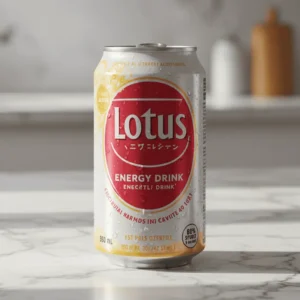 Canned Lotus energy drink on kitchen counter