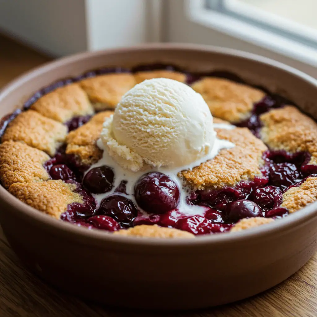 Cherry cobbler with vanilla ice cream