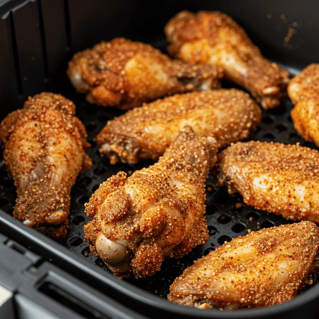 Crispy air fryer chicken wings coated with dry rub