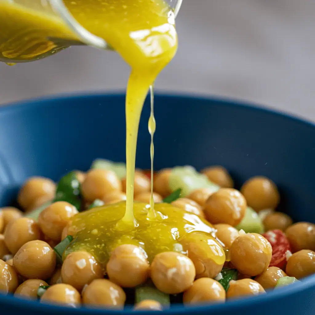 Lemon vinaigrette over chickpea salad