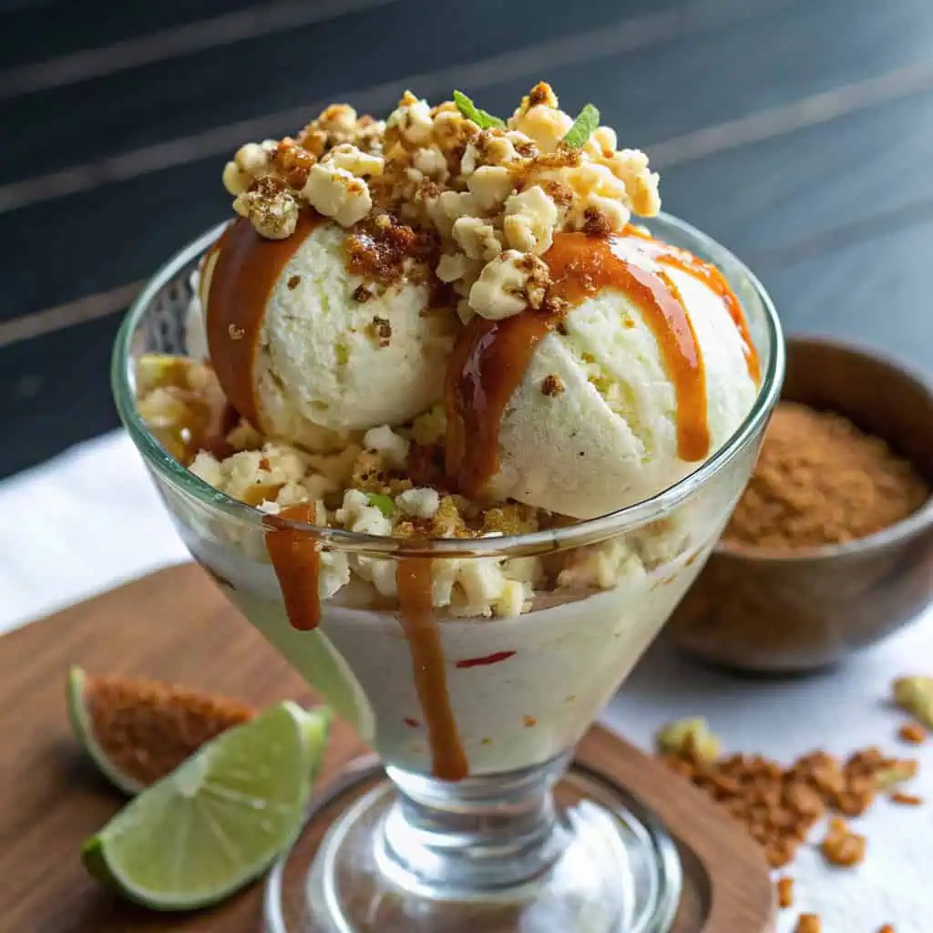 Corn ice cream sundae with caramel and popcorn