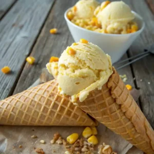 Creamy corn ice cream in waffle cone close-up