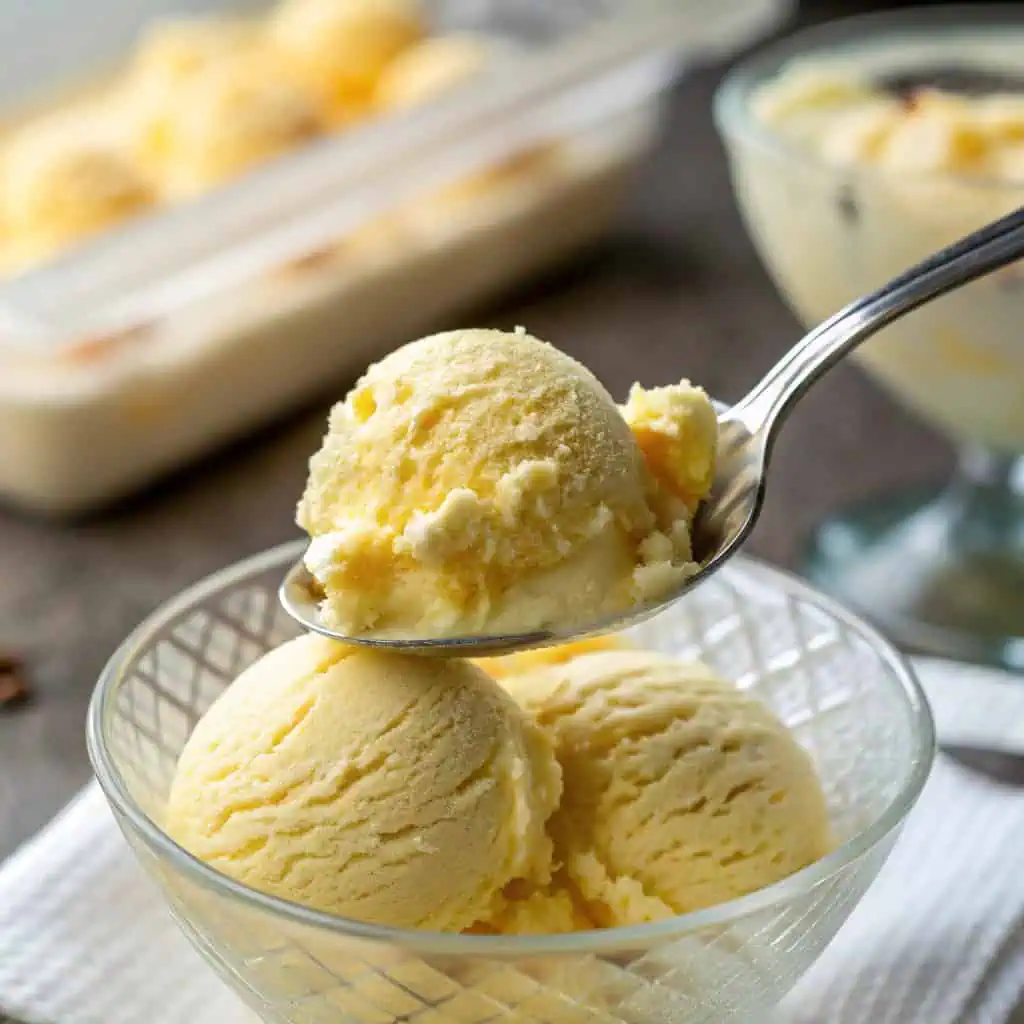 Spoon scooping creamy corn ice cream