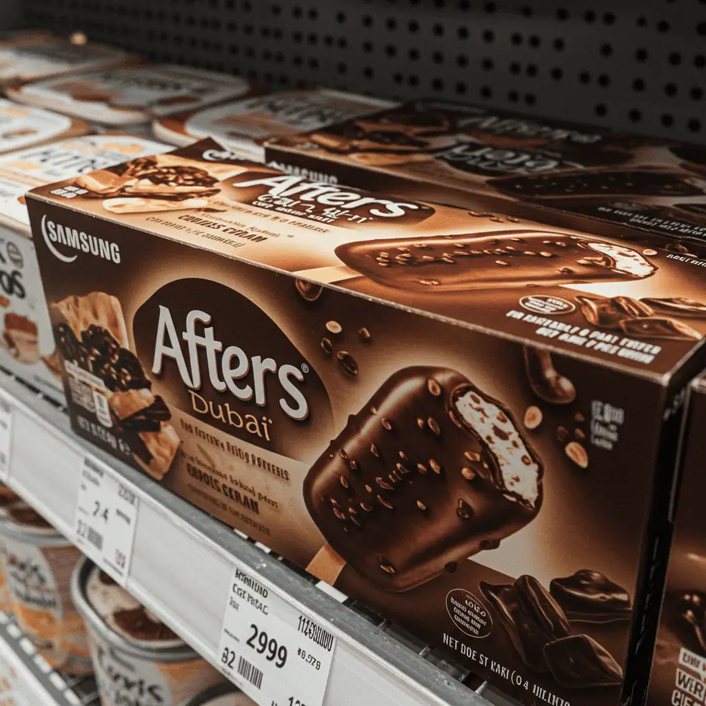Costco freezer shelf with Dubai chocolate bar ice cream box