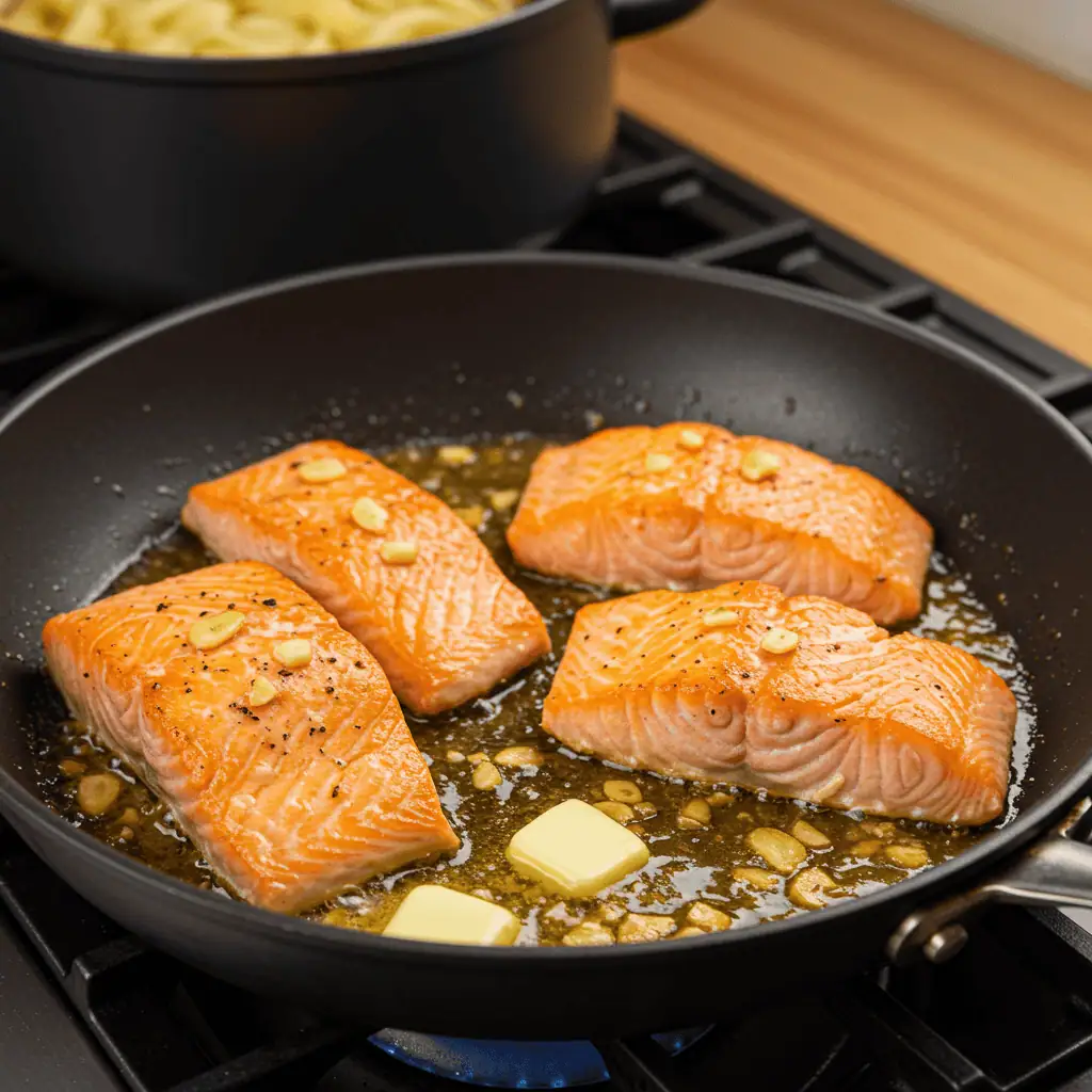 cooking creamy garlic butter salmon pasta step by step