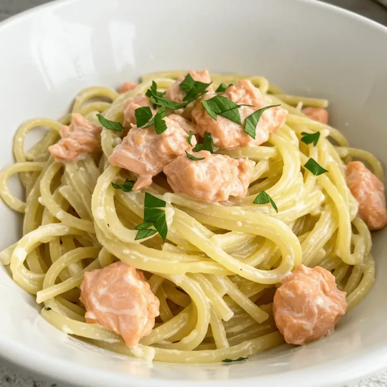 creamy garlic butter salmon pasta in a white bowl with flaked salmon and herbs