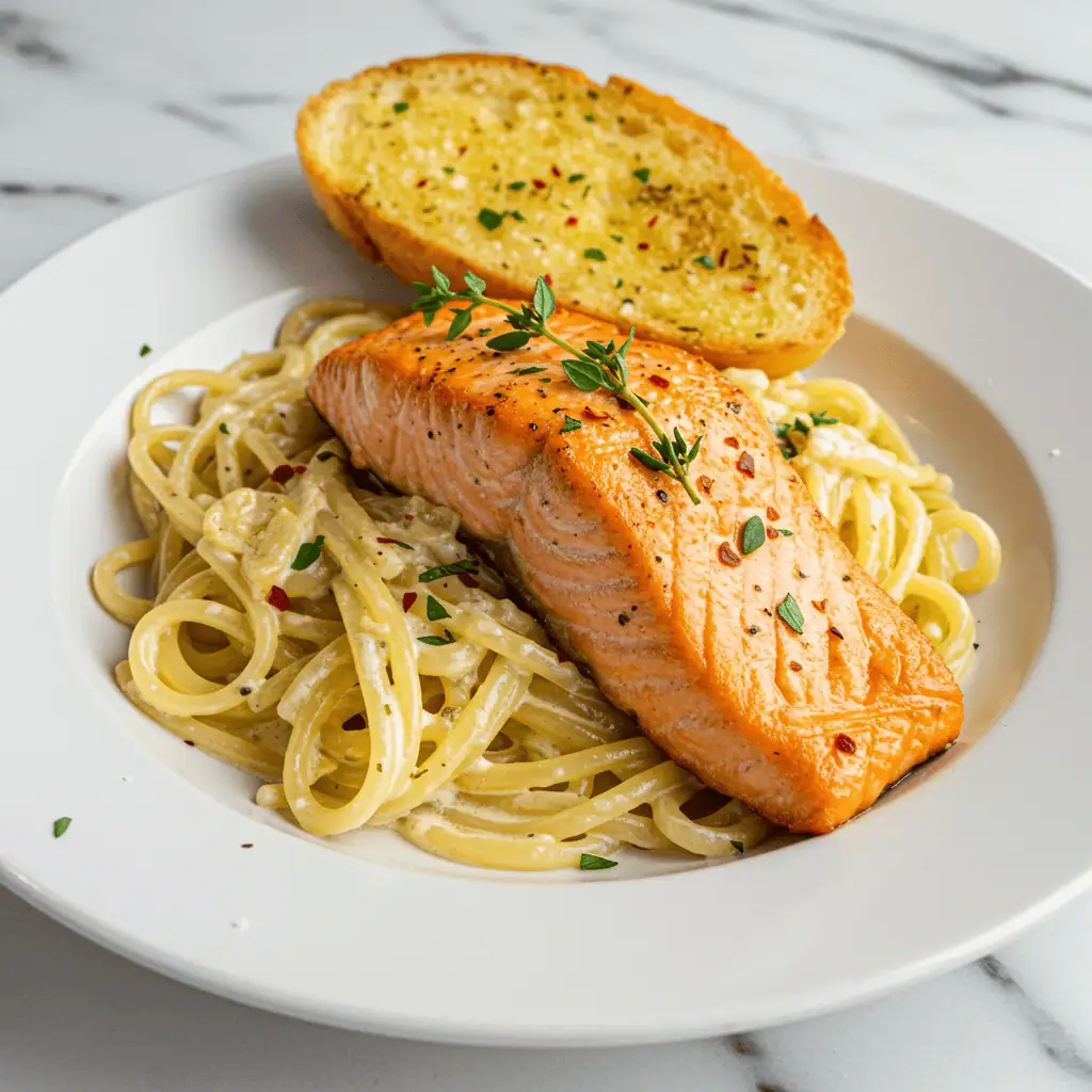 creamy garlic butter salmon pasta served with garlic bread on marble table