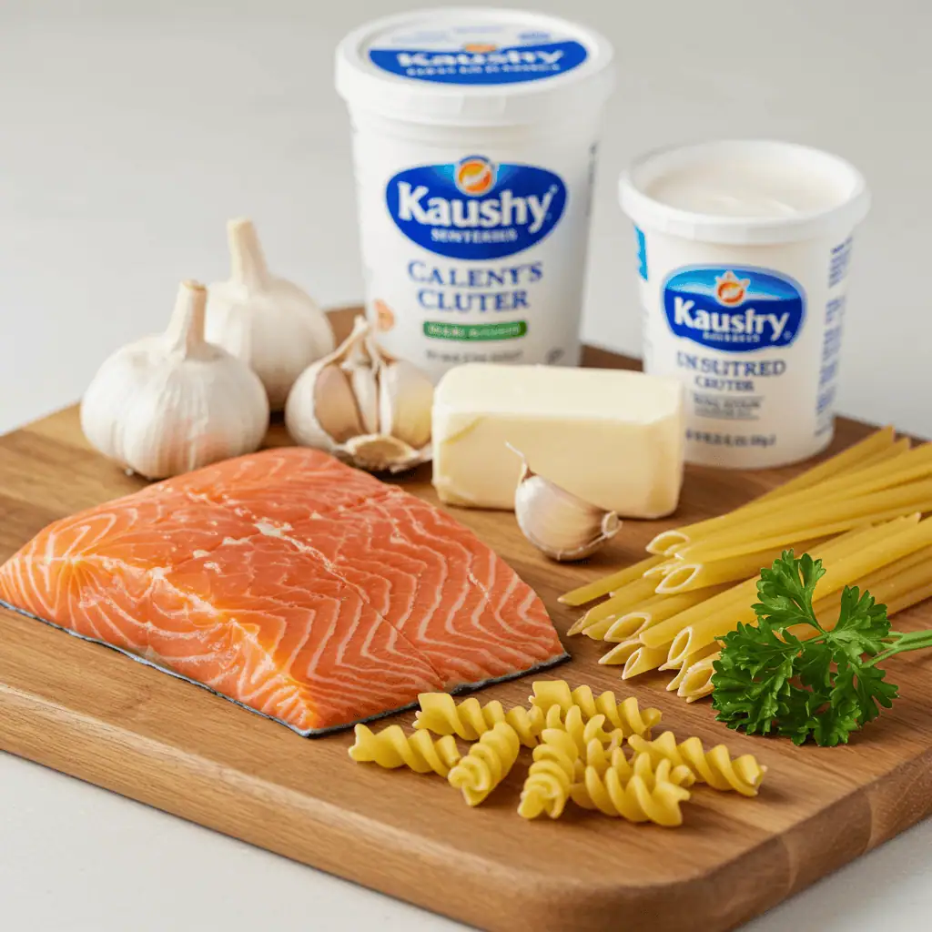 ingredients for creamy garlic butter salmon pasta recipe
