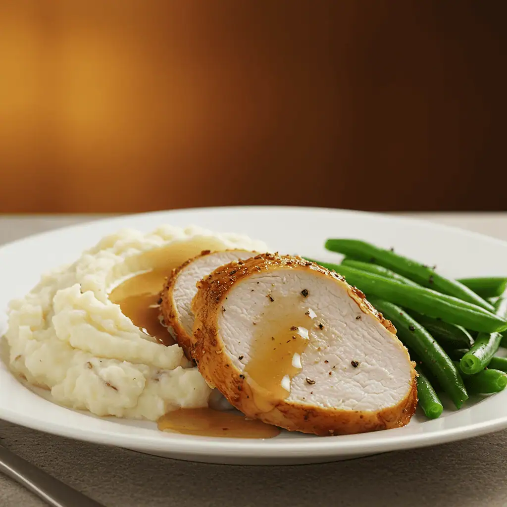serving crock pot turkey tenderloin with sides