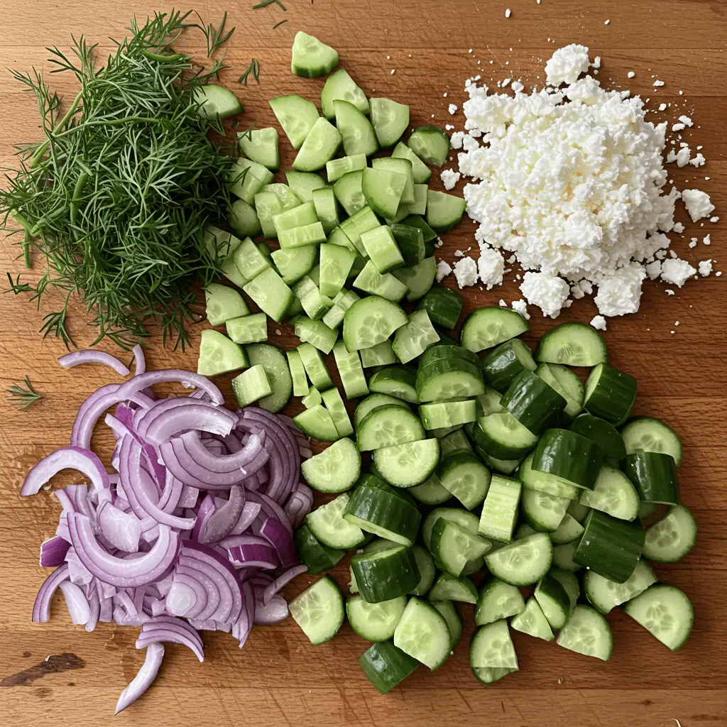 Fresh cucumber salad ingredients on board