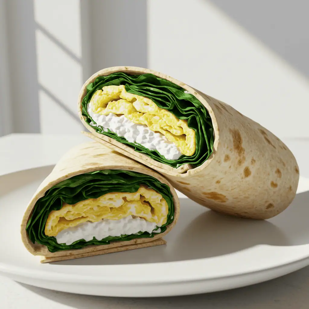 egg spinach cottage cheese tortilla served on a breakfast plate