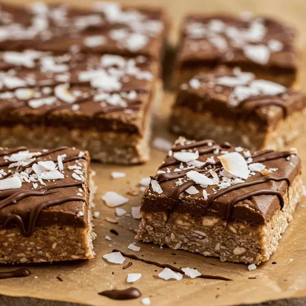 No-bake almond joy protein bars topped with coconut and chocolate