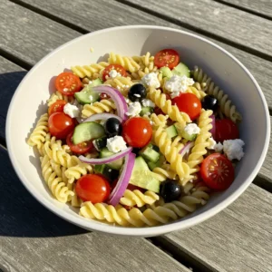 Fresh summer pasta salad with cherry tomatoes and feta