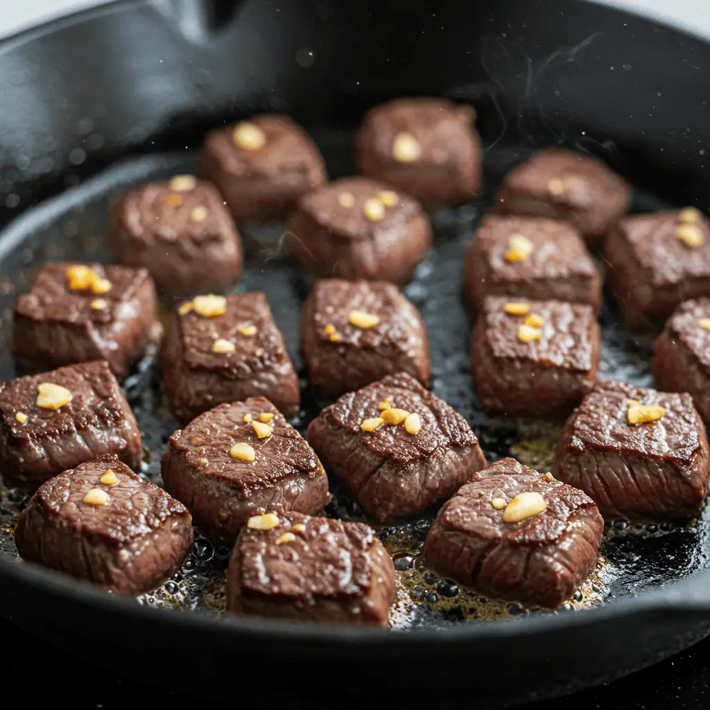 searing steak bites in garlic butter